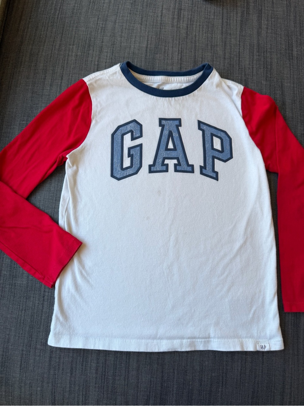GAP White Tee with Red Sleeves and Navy Logo